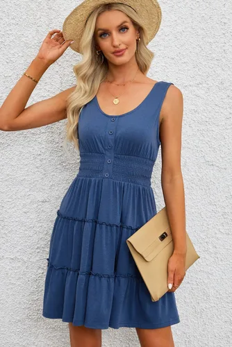 Vista 7 de Dokotoo Vestidos de verano para mujer, sin mangas, con botones, cintura elástica, volantes, escalonados, casual, con vuelo, mini vestido