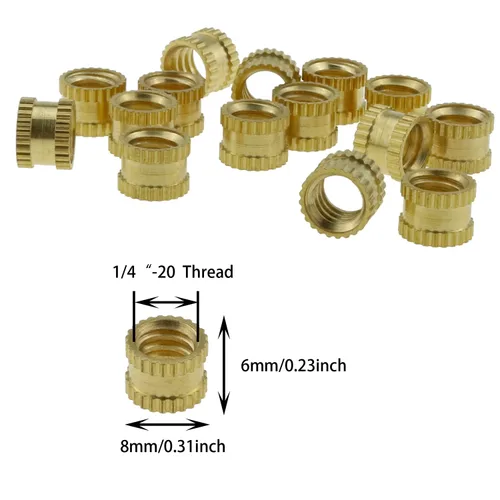 Vista 2 de Tuerca de inserción moleteada de 1/4 de pulgada DGZZI 15 piezas de 1/4-20 0.236 in de alto x 0.315 in (OD) de latón hembra moleteado a través