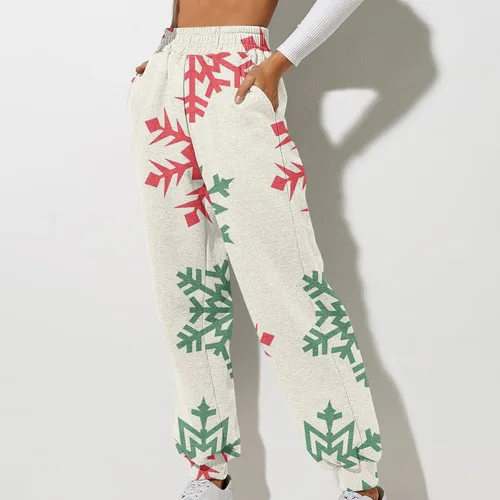 Vista 2 de Pantalones de chándal Estampado navideño para mujer rectos, cintura alta, elásticos, sueltos, básicos