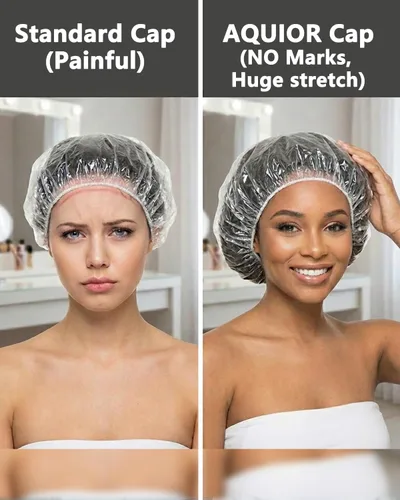Vista 3 de Aquior Gorro de ducha desechable, 50 piezas de gorras de baño más grandes, gruesas, transparentes, impermeables, de plástico elástico, para mujeres