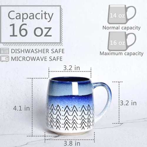 Vista 2 de Bosmarlin Juego de 2 tazas de café grandes de cerámica, 16 onzas, taza de té de cerámica azul grande para oficina y hogar, apta para lavavajillas