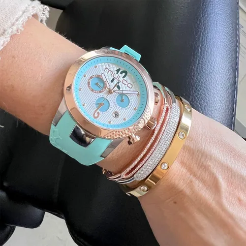 Vista 4 de MULCO Ilusion - Reloj analógico de cuarzo para mujer, detalles de cristal y oro rosa con acabado de perla, resistente al agua, correa de silicona