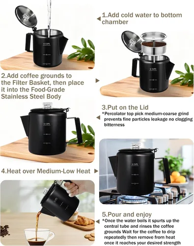 Vista 9 de Cafetera Percoladora de acero inoxidable 304, estufa de olla fácil de preparar y calentar uniformemente, 6 tazas 33.8 onzas, 33.8 fl oz, diseño