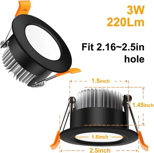 Vista 4 de LEDLightsWorld Iluminación empotrable LED regulable de 2 pulgadas, downlight, 3 W (equivalente a 35 W), luz blanca cálida de 3000 K, luz LED Negro