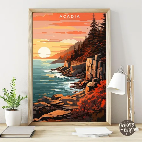 Vista 2 de Póster del Parque Nacional Acadia, arte abstracto de la pared, arte de pared de paisaje natural retro, impresiones artísticas de pared para oficina