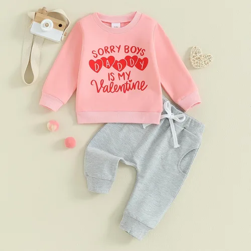 Vista 2 de SOLILOQUY Conjunto de sudadera con cuello redondo y estampado de letras para el día de San Valentín para bebé niño y niña