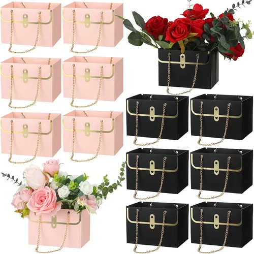 Vista 10 de Lincia 12 cajas de flores negras para boda, bolsa de regalo de flores negras, cajas de ramo con asas para arreglos, papel de regalo de ramo