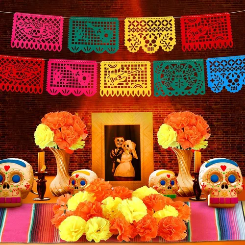 Vista 6 de Retrowavy Juego de 112 piezas de decoración del Día de los Muertos, 100 caléndula artificial a granel, 2 guirnaldas de caléndula artificial de 5