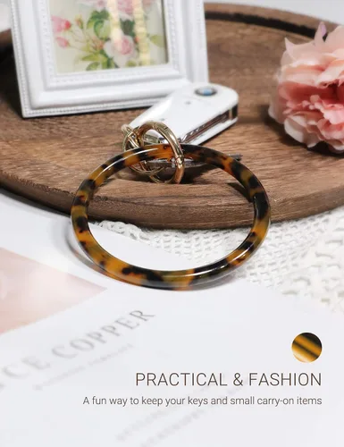 Vista 6 de Mymazn Llavero pulsera pulsera llavero brazalete brazalete llavero brazalete llavero para mujer, llavero redondo de acetato Tortuga clásica