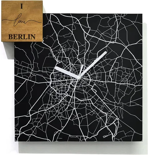 Vista 34 de Modern Wall Clock - Black Aluminum with Silver Fiber Laser Engraving - Square - Contemporary Design - Personalized City Map - Home Town - Location