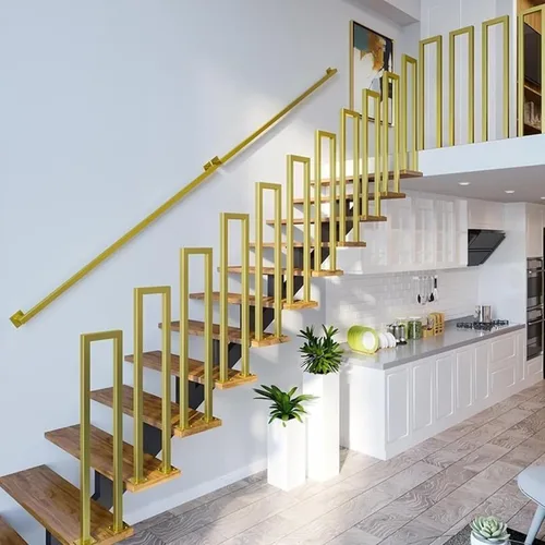 Vista 7 de Barandillas doradas para escaleras, barandillas modernas con soportes de hierro forjado y tornillos de metal, barra de seguridad para interiores