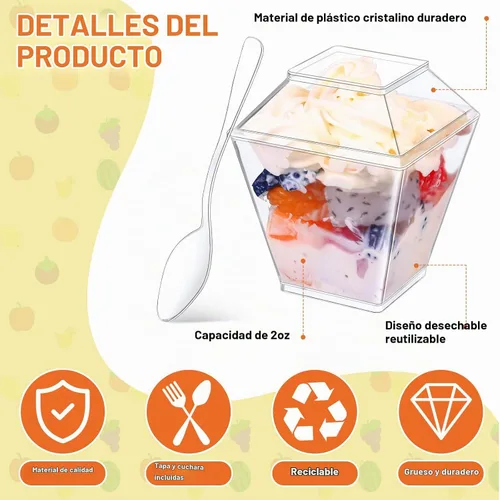 Vista 3 de Mimorou 600 piezas de mini tazas de parfait de postre con tapas y cucharas, taza cuadrada transparente para aperitivos, cuenco de postre de plástico