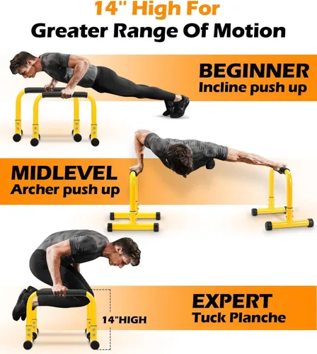 Vista 4 de TABEKE Barra de Flexiones, Barras Paralelas de Calistenia de Acero de 14'' de Altura con Mango de Espuma de Cobertura Completa y Barra de Inmersión