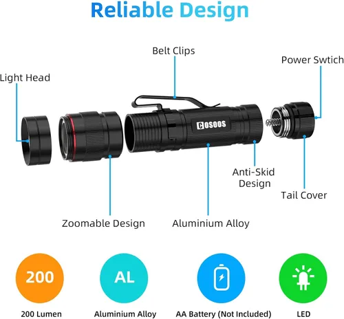 Vista 3 de COSOOS 3 linternas LED tácticas mini con clip, linterna AA brillante zoomable de 3.7 pulgadas de alto lúmen, linterna de bolsillo tamaño pluma, 1