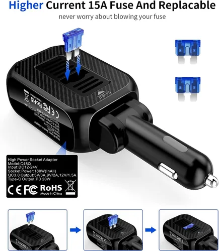 Vista 5 de SUPERONE Divisor de encendedor de cigarrillos de 180 W con PD de 20 W, adaptador de encendedor de cigarrillos de 2 enchufes, cargador rápido USB C