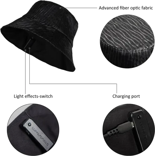 Vista 5 de Sombrero iluminado Rave Bucket Hat 7 colores intermitente resplandor LED sombrero neón loco sombreros para festival equipo para fiesta sombreros
