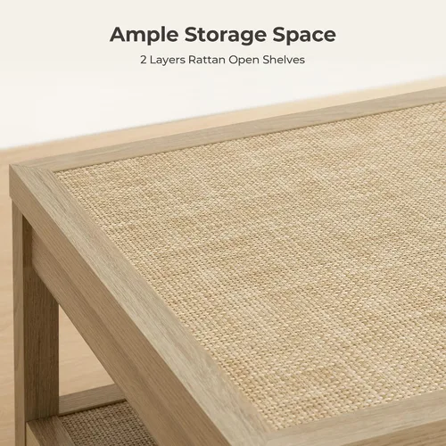 Vista 10 de SICOTAS - Mesa de café de ratán para sala de estar - Mesa central de comedor rectangular de estilo bohemio con estante de almacenamiento de ratán