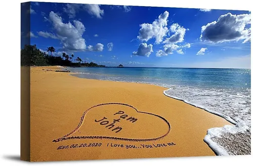 Vista 12 de Corazón y corazón en hermoso amanecer fotos personalizadas únicas o impresiones en lienzo con nombres de pareja y fecha especial en la playa, regalo