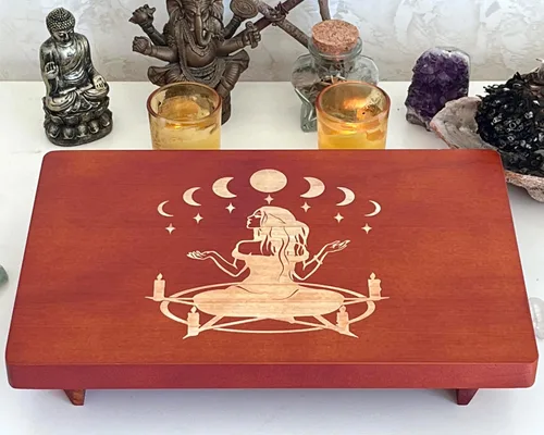 Vista 4 de Mesa de altar, mesa de meditación, mesa de altar pequeña, altar de bruja de madera, mesa de altar wiccana, santuario budista, pentáculo de bruja