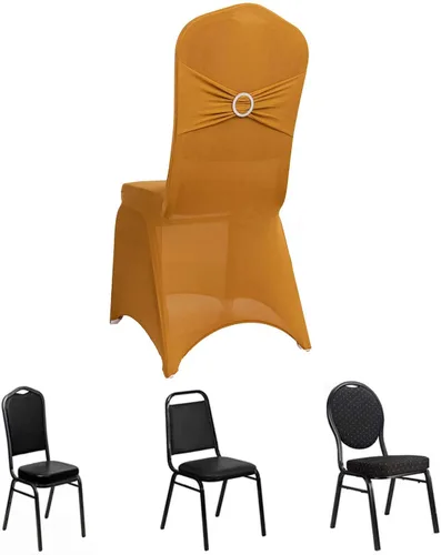 Vista 61 de Efavormart - Funda para silla de banquete de elastano beige con banda de hebilla de diamantes de imitación plateados, funda elástica para silla