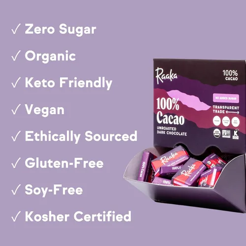 Vista 3 de Raaka Mini barras de chocolate, 100% cacao, orgánicas, kosher, veganas, sin gluten, comercio justo, sin soja, sin OMG, paleo, caja de 100 chocolates