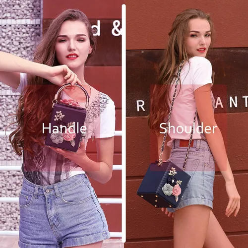 Vista 2 de Milisente Bolso de mano de noche para mujer, caja cuadrada floral, bolsos de noche, bolsos cruzados de hombro, bolso de mano de flores para boda