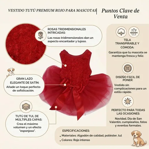 Vista 4 de Kirei Sui - Vestido rojo de Navidad para perros y gatos pequeños, talla XS Blanco