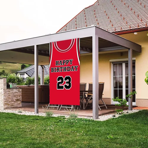 Vista 5 de Fondo de pancarta de feliz cumpleaños 23, fondo rojo de baloncesto estrella jugador de deportes decoración para hombre niño primer cumpleaños fiesta