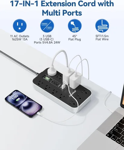 Vista 3 de Cable de extensión con puertos USB - Regleta de alimentación de 5 pies con USB, 1625 W con 11 tomas de corriente alterna, 6 USB (24 W/4.8 A)
