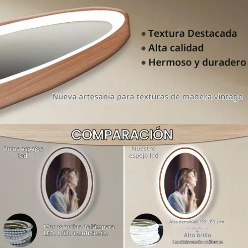 Vista 6 de Espejo de madera ovalado LED de 20 x 30 pulgadas con marco de madera clara, espejo de tocador iluminado ovalado con luces para baño, memoria 30 x 20