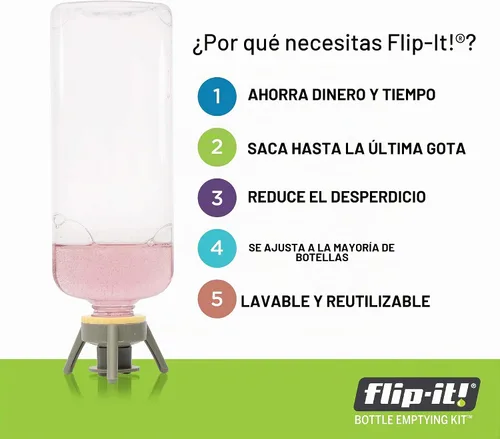Vista 3 de Flip-It! Kit de vaciado de botellas: voltea la botella boca abajo para obtener cada gota. Adaptadores adicionales incluidos para adaptarse a