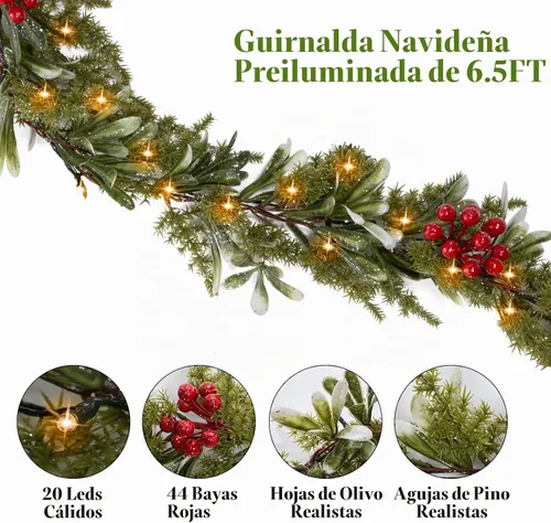 Vista 5 de Guirnalda de Navidad preiluminada de 6.5 pies con luces, guirnalda de olivo verde artificial con bayas rojas, funciona con pilas, guirnalda de pino