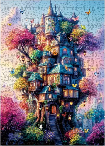 Vista 2 de Rompecabezas de 1000 piezas de casa del árbol de mariposa para adultos, rompecabezas de fantasía, colorido árbol de casa de plantas