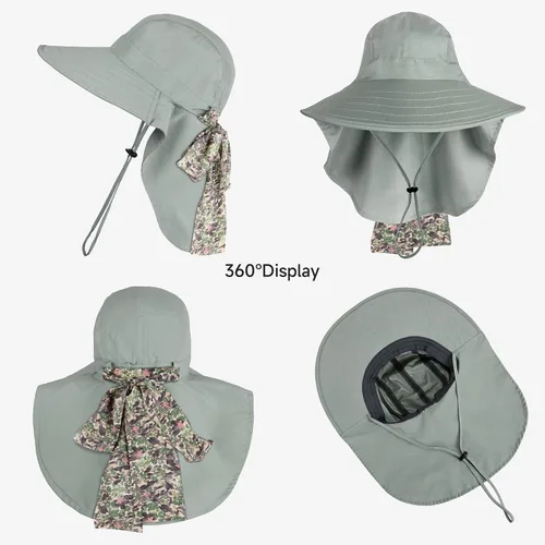 Vista 2 de Solaris UPF 50+ Gorro de ala ancha para mujer - Tamaño pequeño, ligero y plegable, gorro floral refrescante con solapa para el cuello