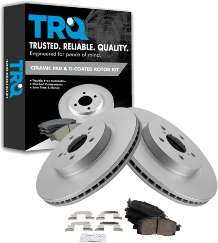 Vista 134 de TRQ Juego de pastillas de freno delantero y rotores con revestimiento de cerámica compatible con Jeep Compass Patriot 2017