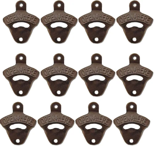 Vista 9 de Abridor de botellas de hierro fundido negro montado en la pared con tornillos montables para mesa de poste enfriador de madera (paquete de 3)
