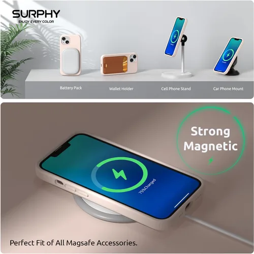 Vista 4 de SURPHY Funda magnética diseñada para iPhone 13, compatible con MagSafe (6.1 pulgadas, versión 2021), funda de silicona líquida con forro de Rosa