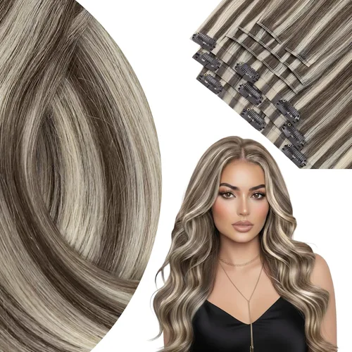 Vista 42 de Ve Sunny Extensiones de cabello clip-in de cabello humano real con reflejos, extensiones de cabello con clip para cabello corto, marrón oscuro