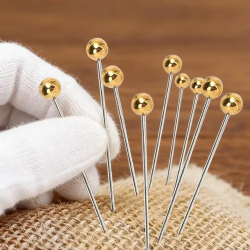 Vista 3 de 100 alfileres dorados con cabezas perladas, modista multiusos y alfileres de costura para tela, acolchado, lentejuelas y decoración de joyas