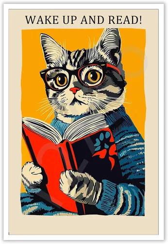 Vista 11 de Póster vintage de gato y libro, arte de pared inspirador, arte de lectura clásico para amantes de los libros, pintura para sala de estar, oficina