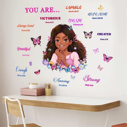 Vista 6 de Calcomanía de pared inspiradora de niña negra, sacinora con frases motivacionales, vinilo extraíble para mujeres afro, niños, guardería, dormitorio