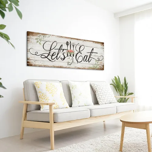Vista 2 de KREATIVE ARTS Arte de Pared en Lienzo para Cocina "Let's Eat" Impresión de Citas Inspiradoras Vintage Pintura Cuadro Impresiones Giclée
