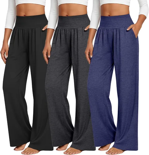 Vista 63 de Neer - Conjunto de 3 pantalones de yoga de pierna ancha para mujer - Pantalones deportivos cómodos, holgados, de cintura alta y casuales