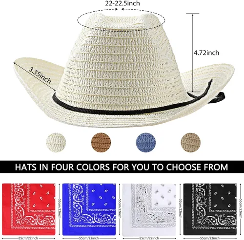 Vista 3 de SATINIOR - Juego de 12 sombreros de vaquero de paja y bandanas para fiesta, sombrero de vaquero para fiesta, disfraz y bandana, accesorios