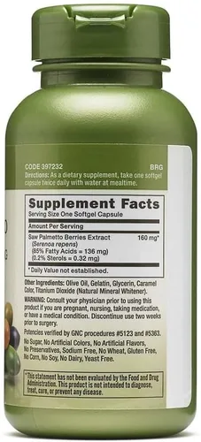 Vista 2 de GNC Suplemento de extracto de palma enana americana herbaria de 160 mg, apoya la función saludable de la próstata, 100 porciones