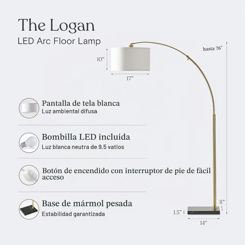 Vista 3 de Brightech Logan Lámpara de Pie de Arco, Lámpara de Pie Brillante para Salas de Estar, Oficinas y Dormitorios, Decoración Moderna de Sala de Estar
