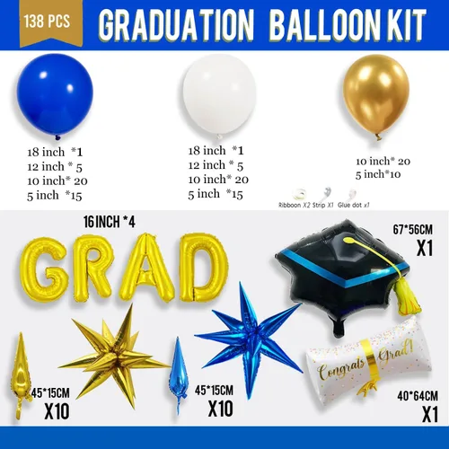 Vista 4 de Kit de arco de guirnalda de globos de graduación de 120 piezas con certificado de graduación, gorro de graduación, letra, globos de Mylar