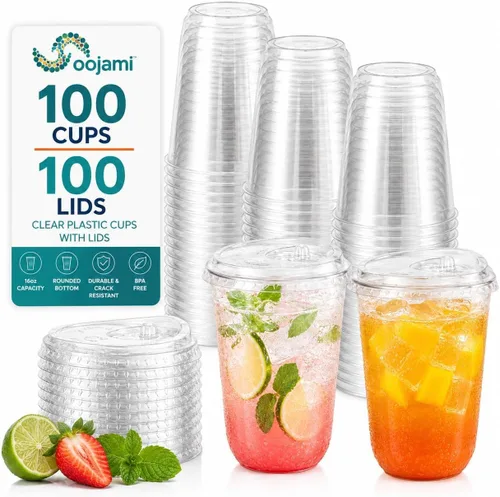 Vista 3 de Oojami Paquete de 100 vasos de plástico transparente de 16 onzas con tapas
