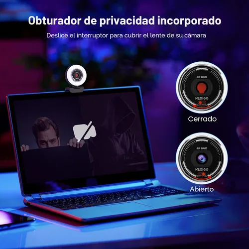 Vista 7 de NexiGo Cámara web N680E Pro 4K con luz de anillo, enfoque automático PDAF, 1080p 60FPS, micrófonos con doble cancelación de ruido, obturador