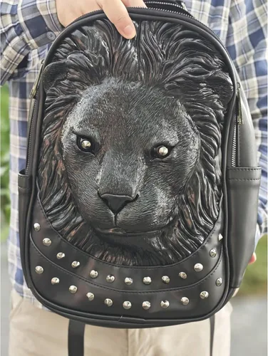 Vista 7 de Berchirly Mochilas de viaje con cabeza de león en 3D para mujer, mochila de 10.2 in-negro